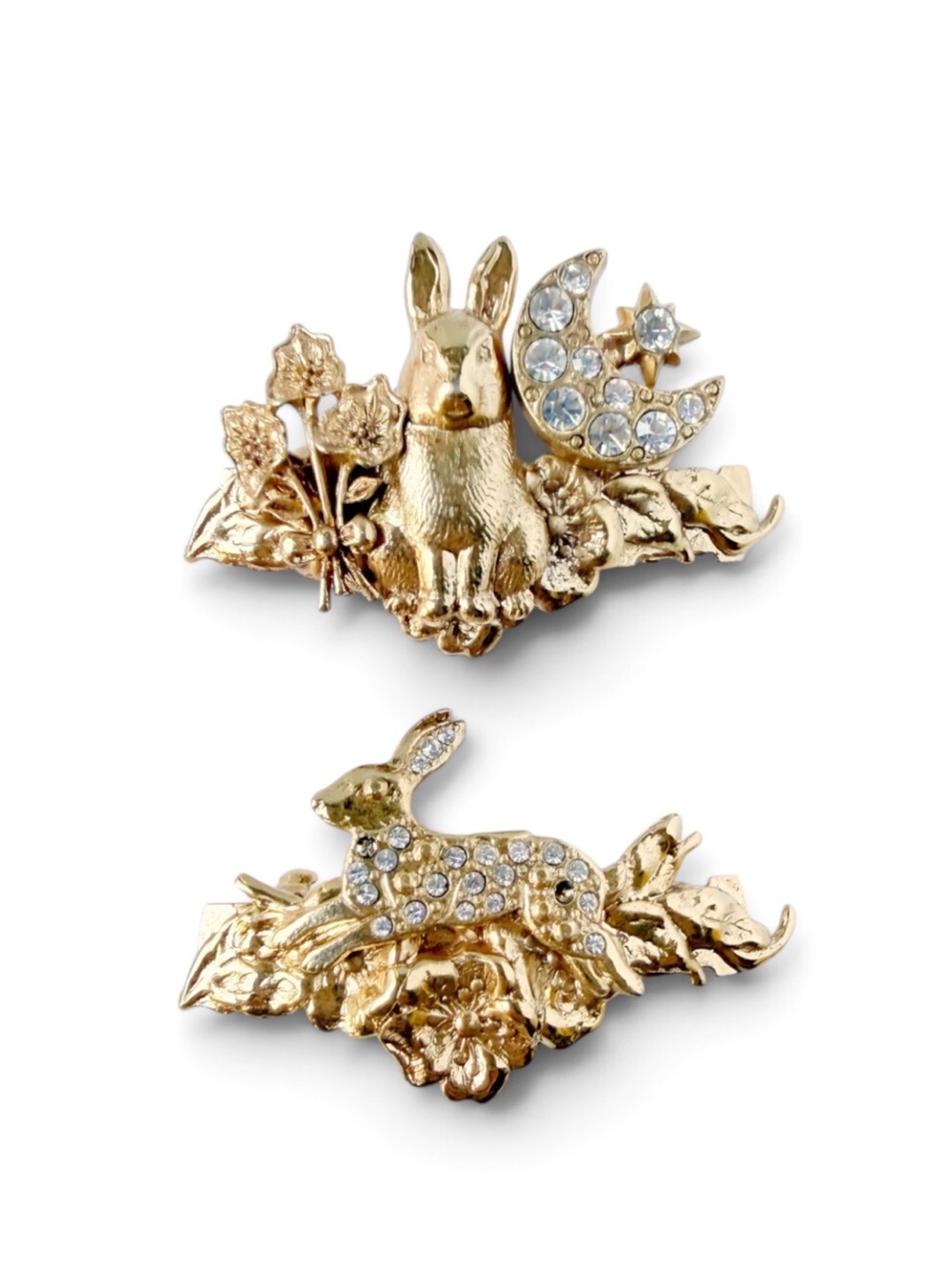 Vintage Kirks Folly Bunny Rabbit Clear Rhinestone Small Hair Clip Barrettes Set